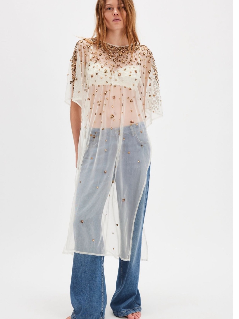 Free People Ivory Sheer Beaded Overlay Tunic